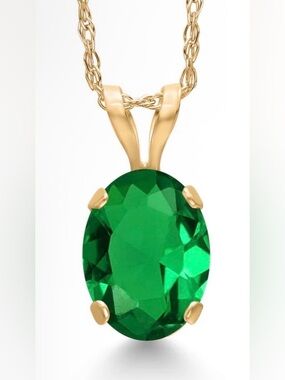 Gold Pendant with Oval Emerald-Green CZ Gemstone & 18 Inch Chain